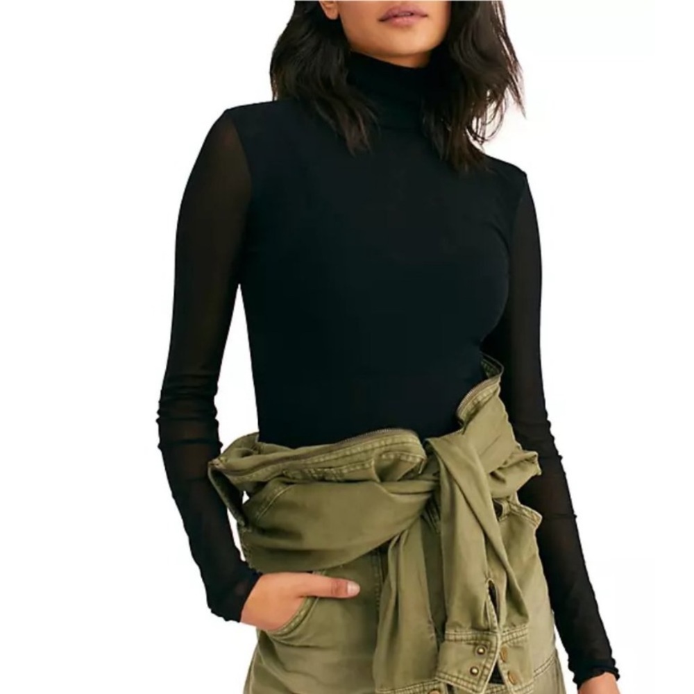 Free People Intimately NEW Black Sheer Turtleneck Top size L